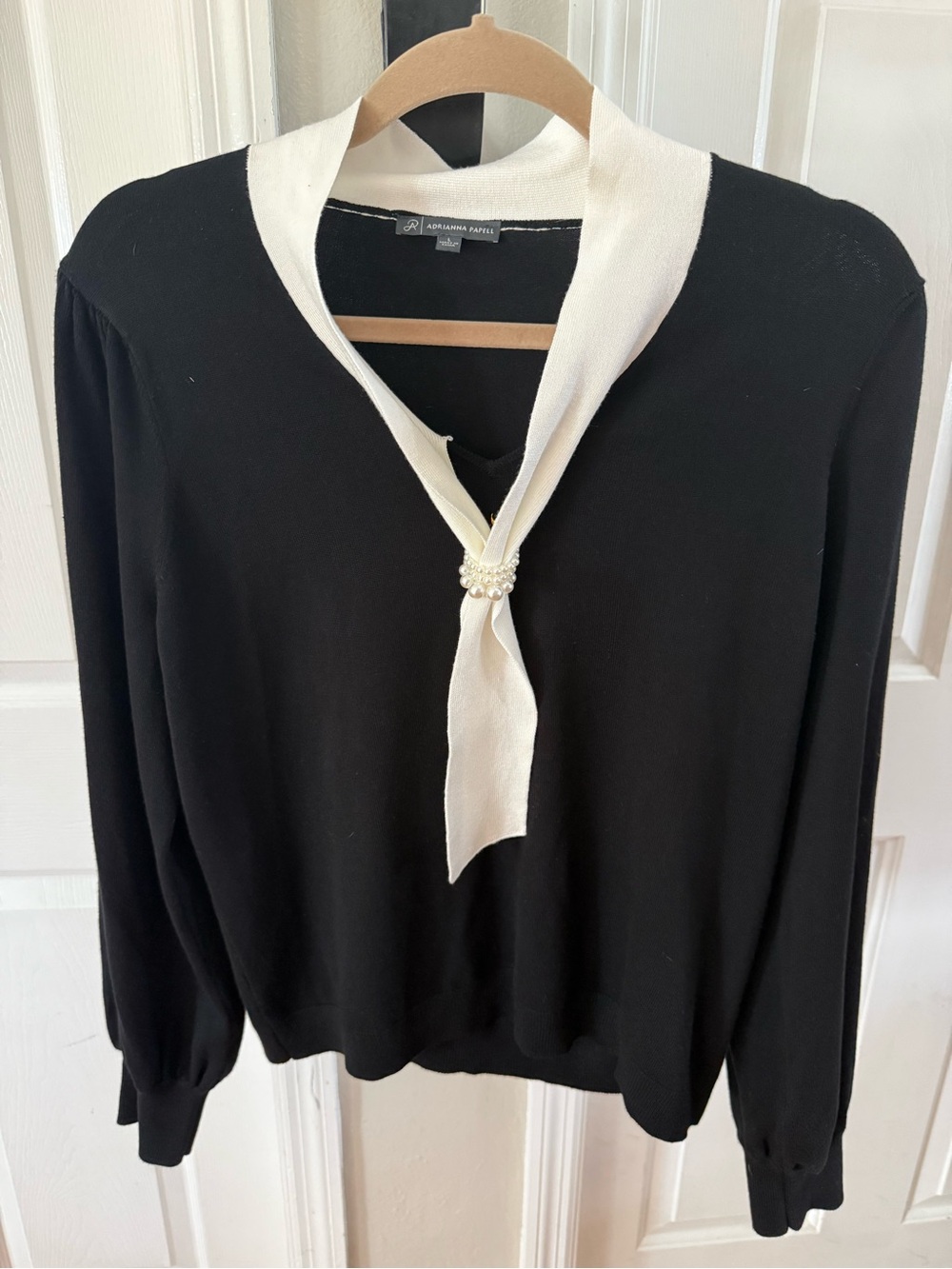 Adrianna Papell Black Sweater with Cream Neck Tie and Pearl Accent